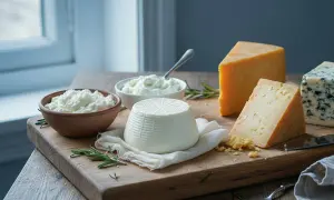 Assortimento di formaggi stagionati e freschi su tagliere di legno, con rosmarino.