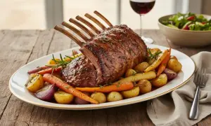 Rack of lamb with roasted carrots, potatoes, and red onions on a platter, with a glass of red wine and salad in the background.