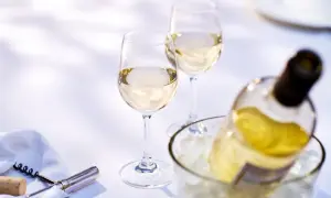 Due calici e una bottiglia di vino bianco in un secchiello di ghiaccio. Quanto tempo per il vino bianco in freezer? Meglio in frigo!