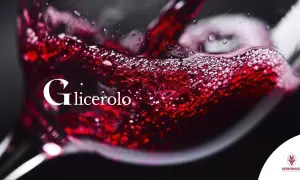Vino rosso versato in un bicchiere, con la scritta "Glicerolo" che evoca il suo significato nel vino.