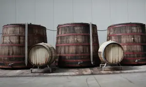 Grandi botti di legno con cerchi rossi, alcune in piedi, altre sdraiate, pronte per la maturazione sur lie.