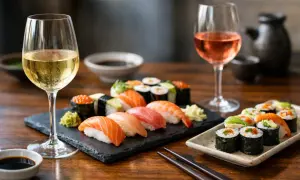 Calici di vino bianco e rosato accompagnano un assortimento di sushi fresco, un abbinamento perfetto per gustare il vino per sushi.