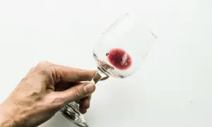 Mano che tiene un bicchiere di vino rosso con residui sul fondo, dove si nota l'acido tartarico.