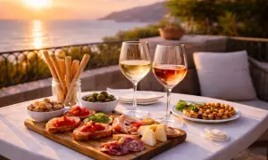 Aperitivo al tramonto con bruschette, salumi, formaggi, olive e due calici di vini rossi italiani, con il mare sullo sfondo.