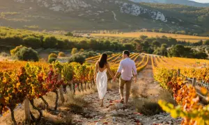Coppia mano nella mano passeggia tra i colorati vitigni italiani al tramonto, con colline sullo sfondo.