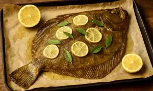 Rombo pesce intero al forno, guarnito con fette di limone e foglie verdi, su carta da forno.