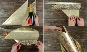 Passaggi per come incartare una bottiglia di vino con carta dorata e fiocchi di neve. La bottiglia viene avvolta e piegata con cura.
