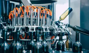 Macchine per la produzione vino: bottiglie in vetro in lavorazione su un nastro trasportatore, con tubi arancioni e componenti metallici.
