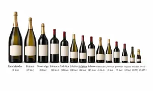 Bottiglie di vino di varie dimensioni, dal Melchizedec (30 litri) al Piccolo (0,1875 litri), con nomi biblici come Jeroboam e Mathusalem.