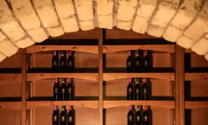 Bottiglie di vino su scaffali di legno in una cantina. Ideale per capire come conservare il vino in cantina.