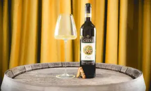 Un bicchiere di Fiano di Avellino DOCG e una bottiglia di vino Fiano di Avellino, su un vecchio barile di legno, con uno sfondo di tende dorate.