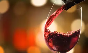 Versare vino rosso in un bicchiere, un momento allappante significato di piacere e convivialità, con luci sfocate sullo sfondo.
