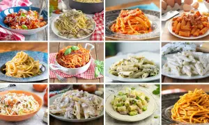 Collage di dodici piatti di pasta asciutta: spaghetti, penne e rigatoni con vari sughi, dalle vongole al pomodoro, alla crema.