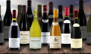 Bottiglie di vino pregiato, tra cui Montrachet e Musigny, che rappresentano i 10 vini più costosi italiani.