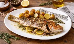 Un succulento dentice pesce intero al forno, servito con patate novelle, limone e rosmarino su un piatto bianco.