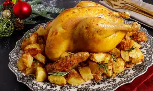 Un succulento cappone cos'è? Un arrosto dorato su un letto di patate croccanti, guarnito con rosmarino, pronto per le feste.