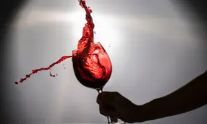 Un bicchiere di negramaro vino rosso in movimento, con schizzi vibranti che danzano nell'aria.