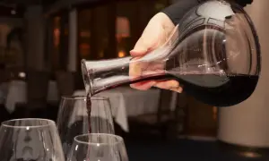 Mano versa vino rosso da una caraffa in bicchieri trasparenti, creando un'atmosfera elegante.