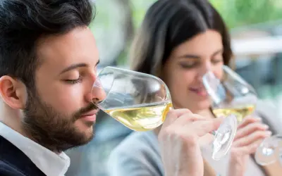 Coppia in una degustazione vino, annusano attentamente il nettare dorato nei calici.