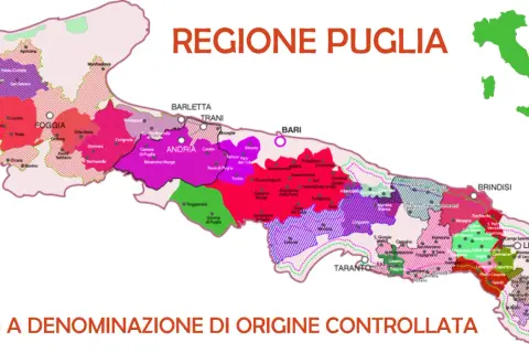Mappa della Puglia con aree colorate che indicano zone di produzione di vino rosso puglia, con città e denominazioni.