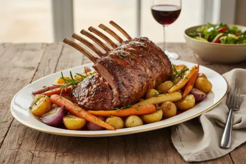 Rack of lamb with roasted carrots, potatoes, and red onions on a platter, with a glass of red wine and salad in the background.
