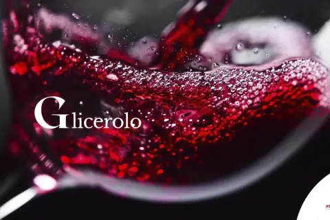 Vino rosso versato in un bicchiere, con la scritta "Glicerolo" che evoca il suo significato nel vino.