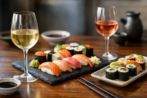 Calici di vino bianco e rosato accompagnano un assortimento di sushi fresco, un abbinamento perfetto per gustare il vino per sushi.