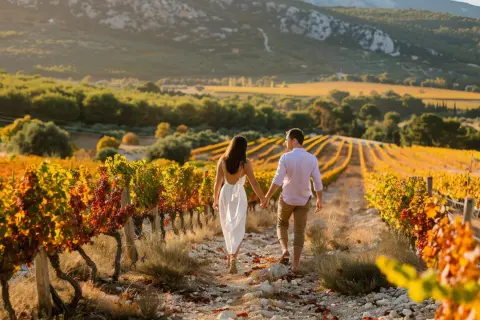 Coppia mano nella mano passeggia tra i colorati vitigni italiani al tramonto, con colline sullo sfondo.