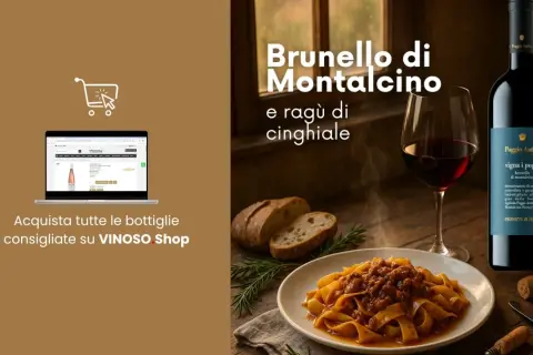 Un bicchiere di Brunello di Montalcino, un piatto di pasta al ragù di cinghiale e una bottiglia di vini italiani. Perfetto per una cena.