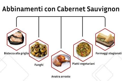 Abbinamenti con Cabernet Sauvignon: bistecca alla griglia, funghi, anatra arrosto, piatti vegetariani e formaggi stagionati.