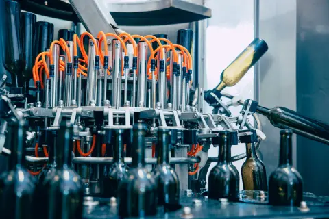 Macchine per la produzione vino: bottiglie in vetro in lavorazione su un nastro trasportatore, con tubi arancioni e componenti metallici.