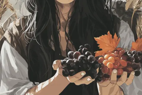 Mani che sorreggono grappoli d'uva scura e chiara, con foglie autunnali. I vinaccioli, piccoli semi, sono parte integrante del frutto.