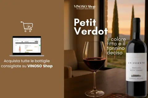 Bottiglia di Petit Verdot Orizzonte, con un bicchiere di vino rosso e un paesaggio toscano. Non una bottiglia jeroboam, ma un'ottima scelta per gli amanti del vino.