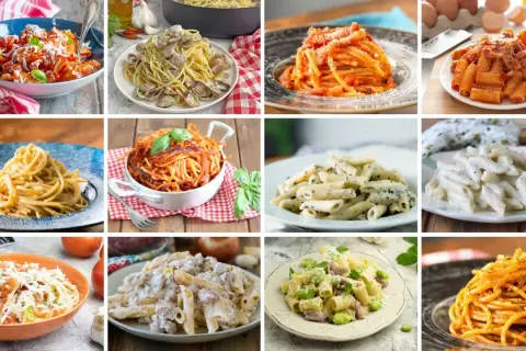 Collage di dodici piatti di pasta asciutta: spaghetti, penne e rigatoni con vari sughi, dalle vongole al pomodoro, alla crema.