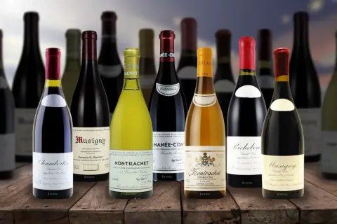 Bottiglie di vino pregiato, tra cui Montrachet e Musigny, che rappresentano i 10 vini più costosi italiani.