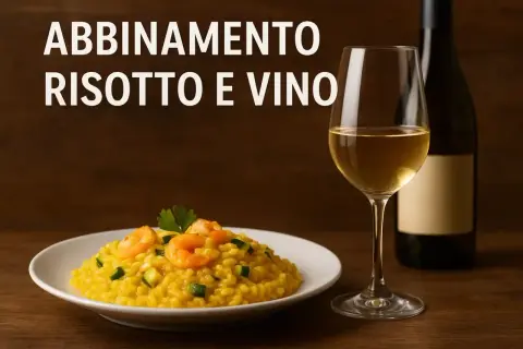 Risotto giallo con gamberi e zucchine, accompagnato da un calice di vino bianco e una bottiglia. L'abbinamento perfetto per il tuo risotto.