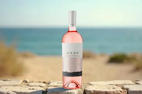 Bottiglia di Negroamaro Rosato "Onde" su muretto di pietra, con mare e spiaggia sullo sfondo. Perfetto per abbinamenti estivi.