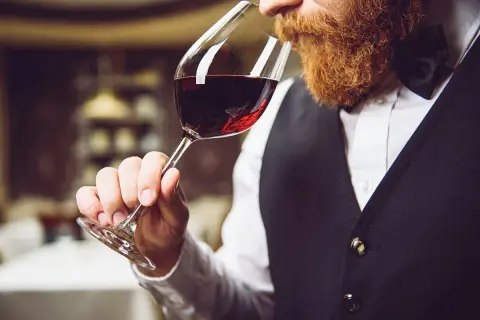 Uomo con barba assapora vino rosso, esplorando i diversi tipi di uve da vino rosso.
