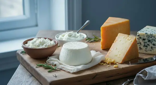 Assortimento di formaggi stagionati e freschi su tagliere di legno, con rosmarino.