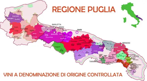 Mappa della Puglia con aree colorate che indicano zone di produzione di vino rosso puglia, con città e denominazioni.