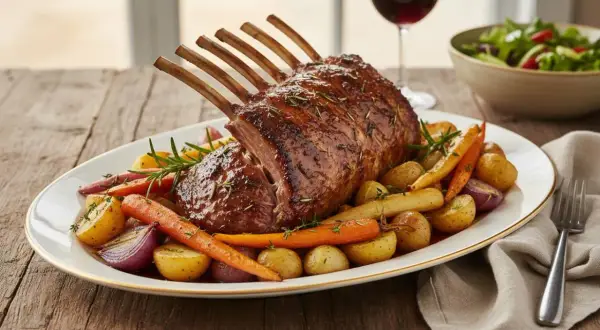 Rack of lamb with roasted carrots, potatoes, and red onions on a platter, with a glass of red wine and salad in the background.