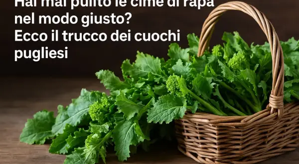 Cesto di vimini pieno di fresche cime di rapa, pronte per essere cucinate secondo il segreto dei cuochi pugliesi.