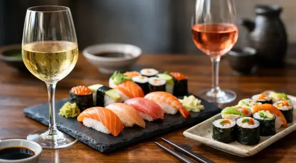 Calici di vino bianco e rosato accompagnano un assortimento di sushi fresco, un abbinamento perfetto per gustare il vino per sushi.