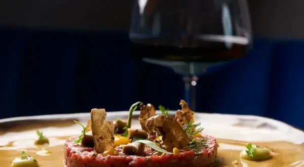 Tartare di manzo raffinata, guarnita con crostini e verdure, pronta per un perfetto abbinamento vino.