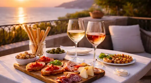 Aperitivo al tramonto con bruschette, salumi, formaggi, olive e due calici di vini rossi italiani, con il mare sullo sfondo.