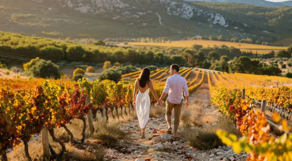 Coppia mano nella mano passeggia tra i colorati vitigni italiani al tramonto, con colline sullo sfondo.