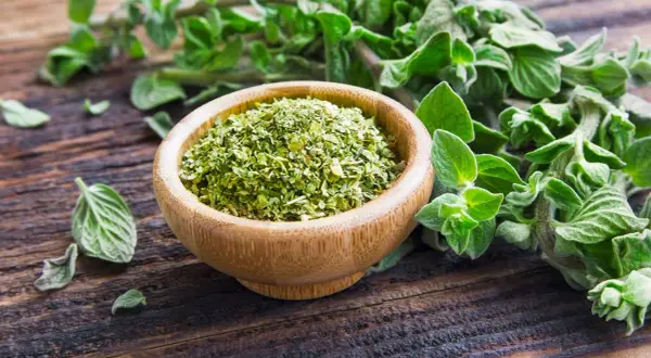Un ciotola di legno piena di origano secco, con rametti freschi sullo sfondo. Il profumo di origano inebria l'aria.
