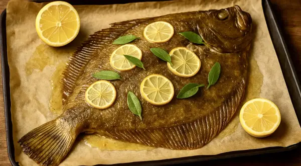 Rombo pesce intero al forno, guarnito con fette di limone e foglie verdi, su carta da forno.