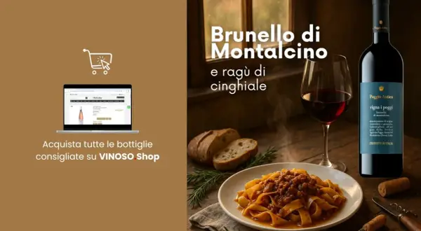 Un bicchiere di Brunello di Montalcino, un piatto di pasta al ragù di cinghiale e una bottiglia di vini italiani. Perfetto per una cena.