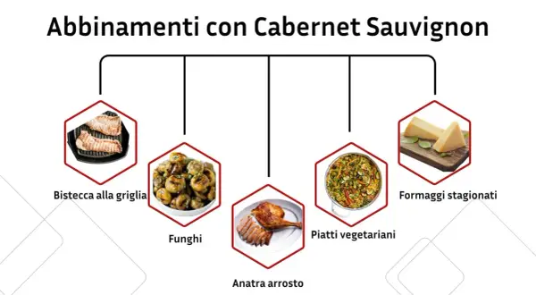 Abbinamenti con Cabernet Sauvignon: bistecca alla griglia, funghi, anatra arrosto, piatti vegetariani e formaggi stagionati.